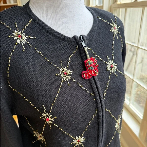 Heirloom Collectibles Y2K Black Zip Up Christmas Cardigan Sweater Ugly Sweater M - Picture 2 of 12
